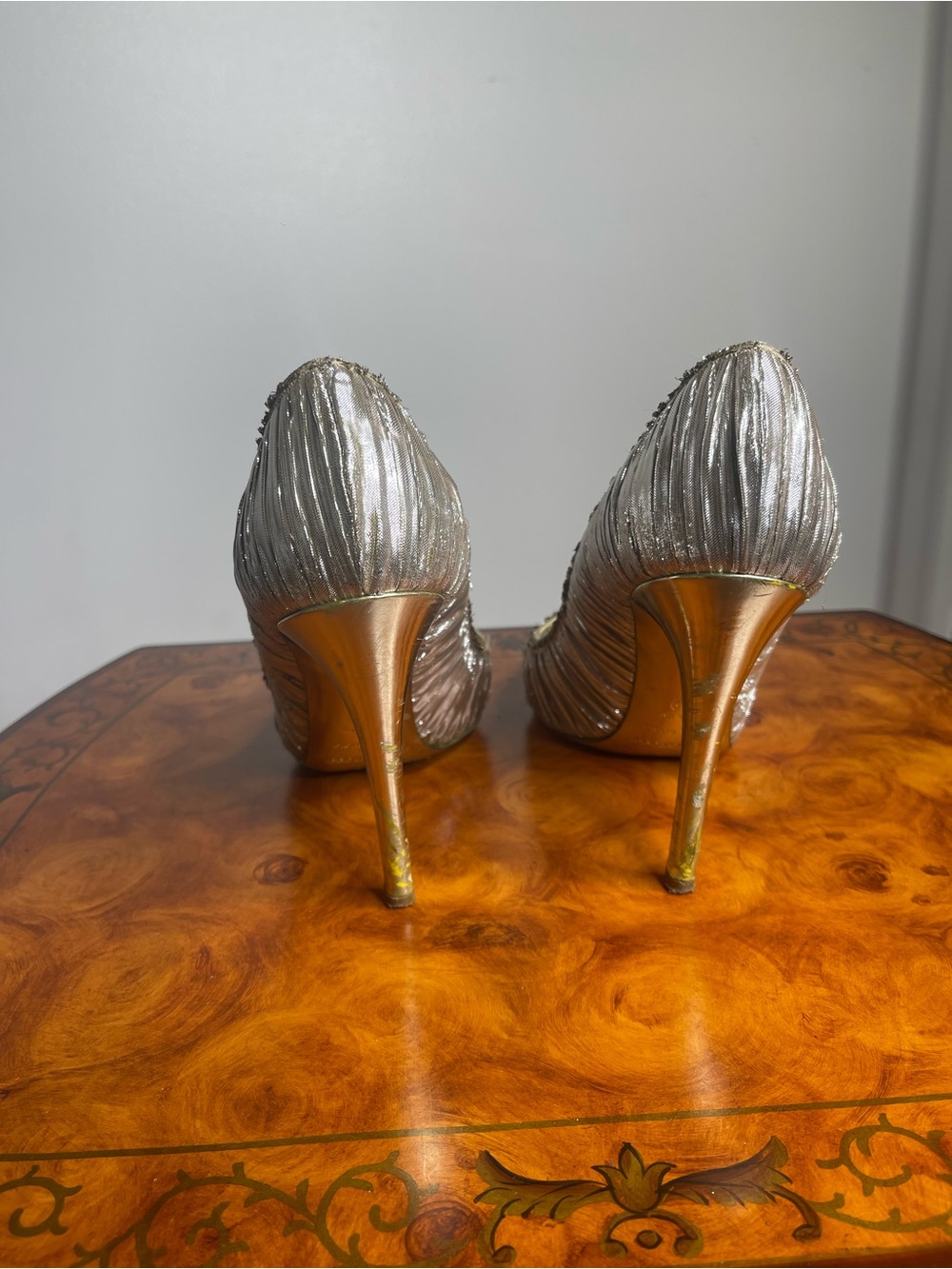 Sergio Rossi Gold Ruched Peep-Toe Heels - Picture 2 of 5
